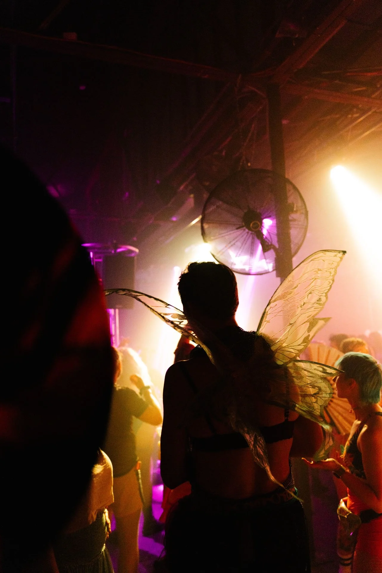 Person dressed as a fairy with butterfly wings and antennae at a party or event with colorful lighting and other attendees in the background.