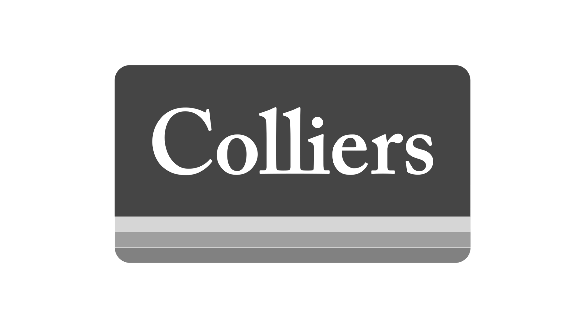 A black and gray binder clip with the name 'Colliers' written on it, used as a paper clip.
