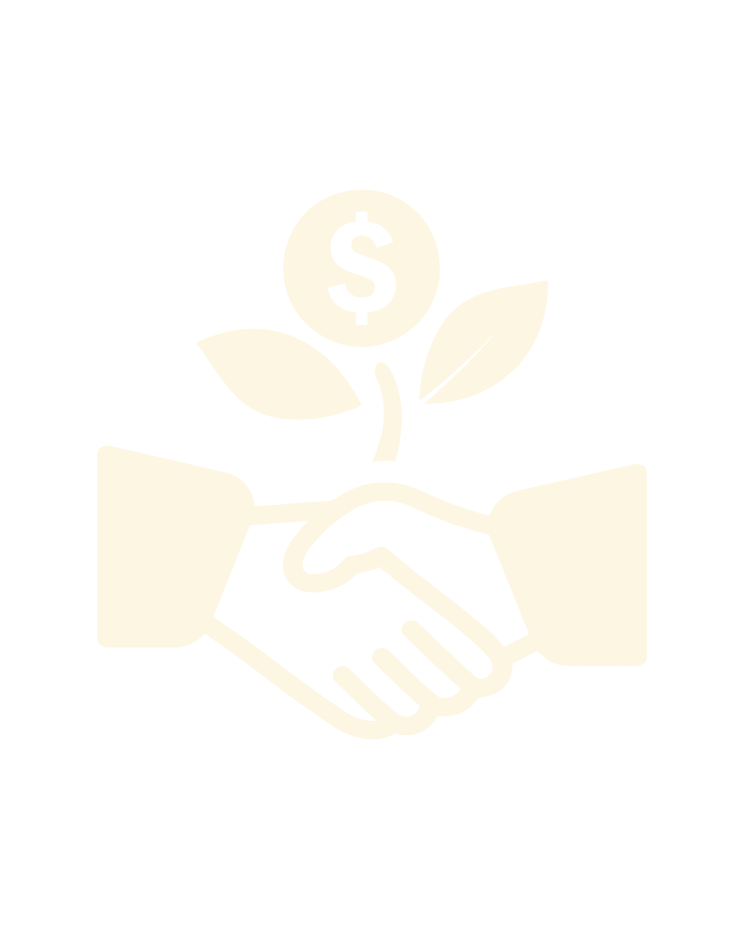 Illustration of two hands shaking with a plant growing from the handshake, featuring a dollar sign on the plant's coin, symbolizing financial growth or investment.