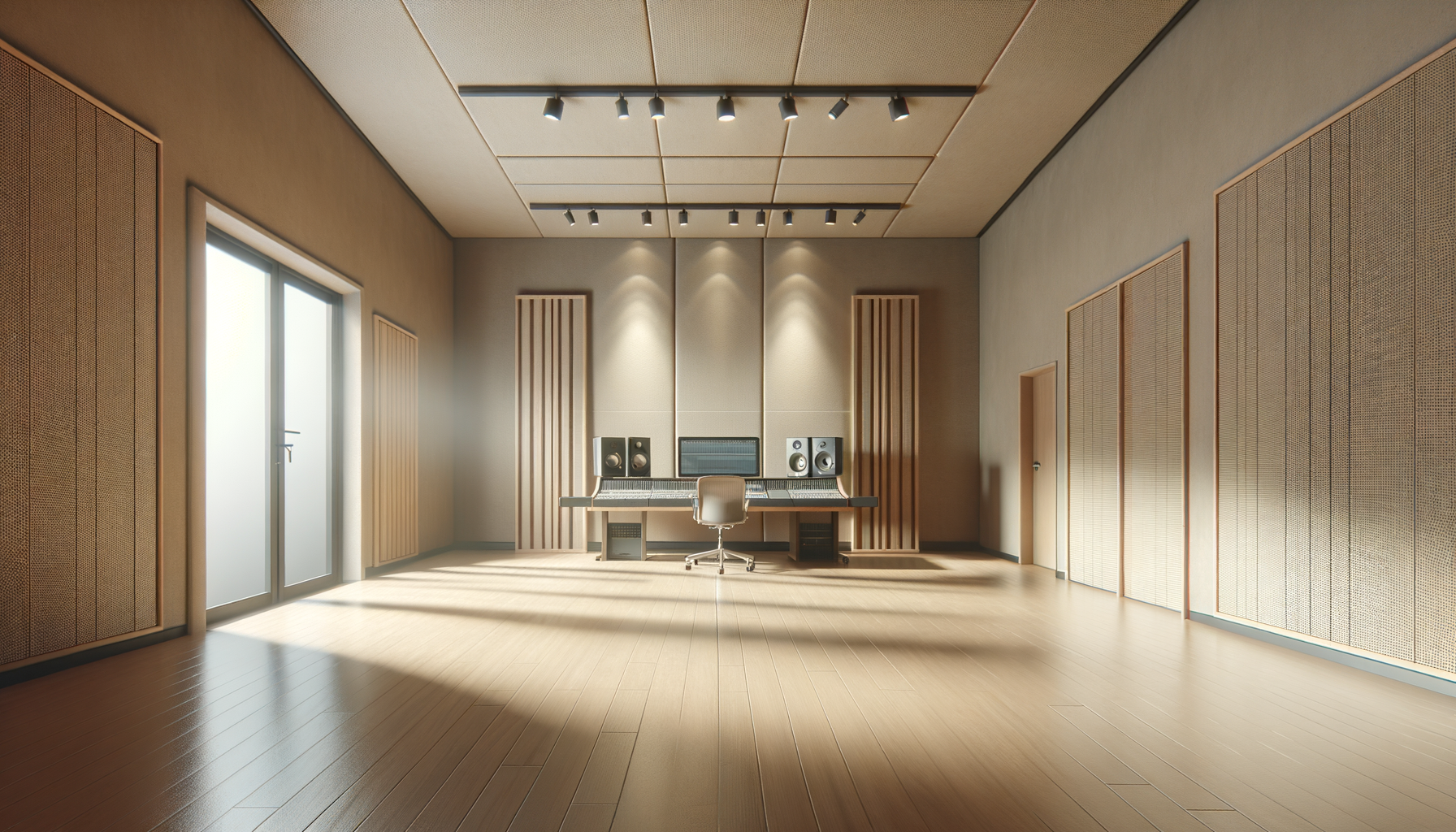 Estudio de grabación con mesa de mezclas, sillas, paredes con paneles acústicos y puertas de vidrio