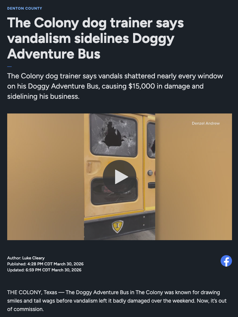 News article about vandalism on a yellow school bus with broken windows, in Denton County, Texas.