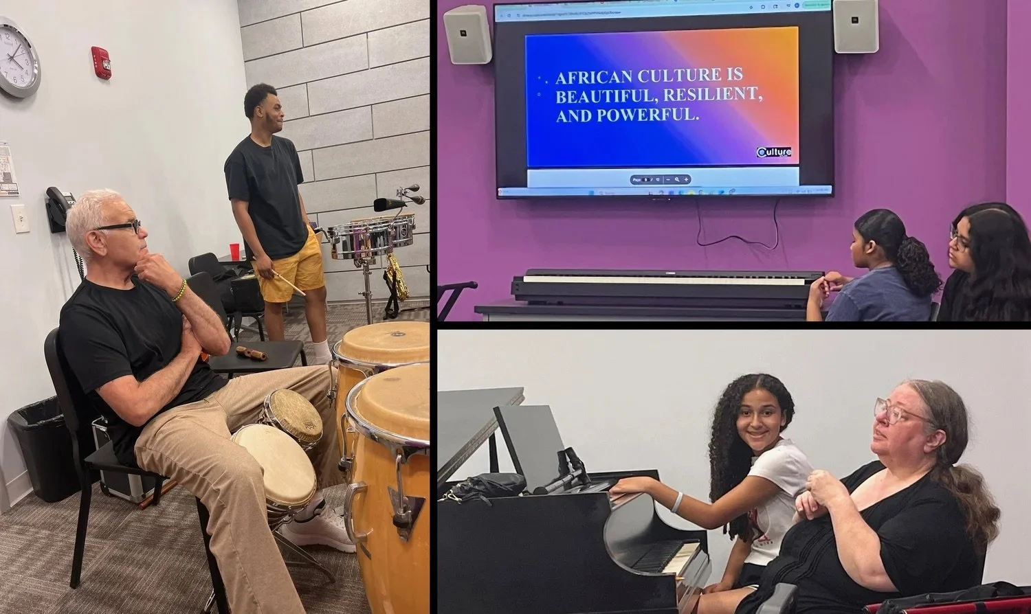 A music class with three people: an elderly woman playing piano, a young girl at the piano, and an older woman sitting beside her. There is a large screen displaying a presentation about African culture, and other students are sitting and listening.