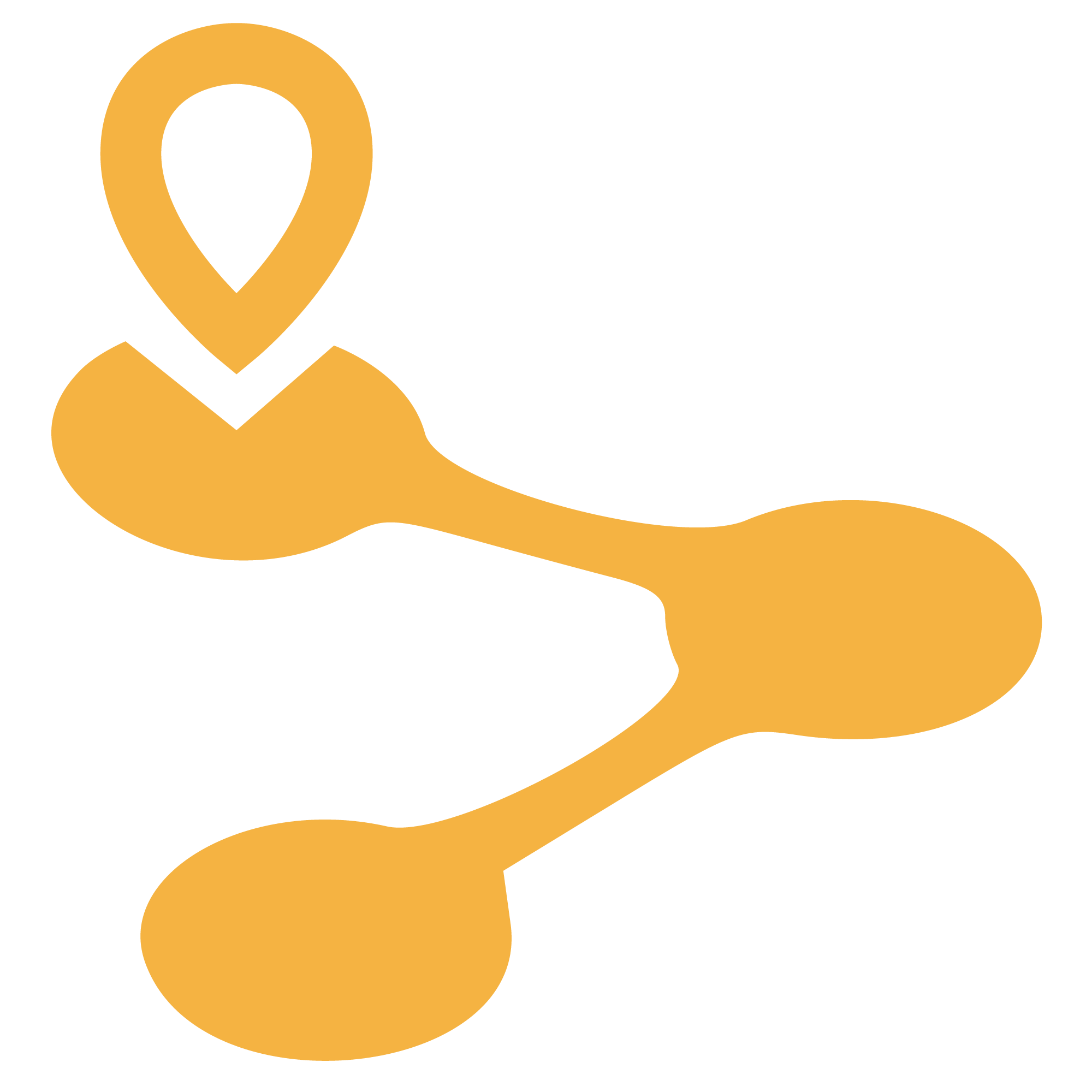 Icon of a yellow location pin and a yellow speech bubble on a black background.