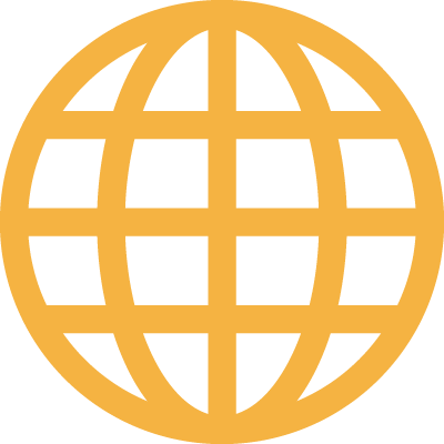 Gold globe icon with latitude and longitude lines on a black background.