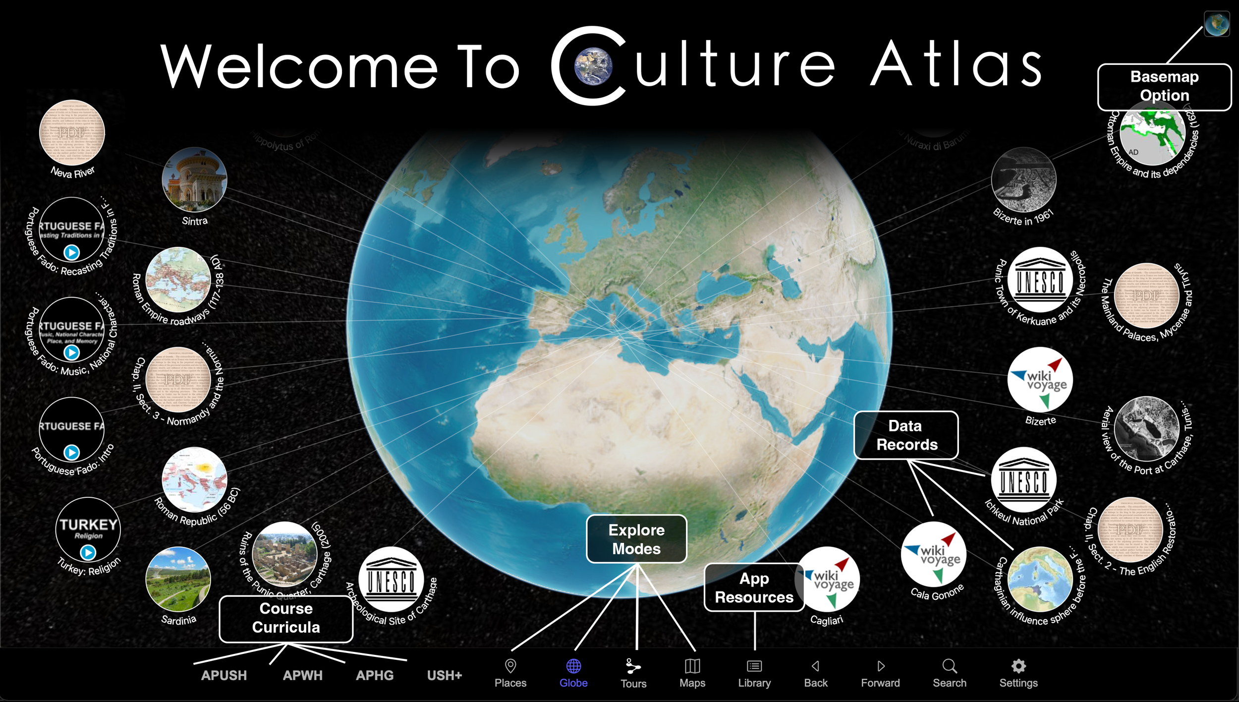 Digital world map titled "Welcome to Culture Atlas" with various circular icons around the globe representing different countries and regions, each containing images and text related to cultural topics like course curricula, data records, UNESCO sites, and app resources.