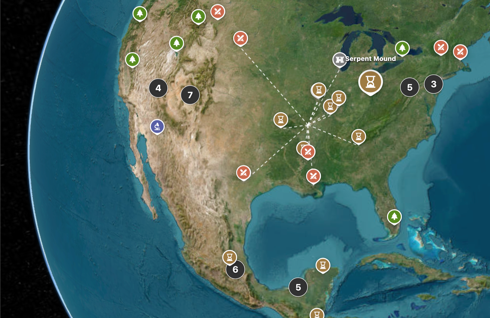 Map of the United States showing various icons and markers, including forests, historical sites, and areas with damage, with the Serpent Mound site labeled in Ohio.