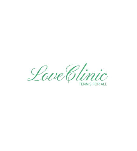 Logo for Love Clinic with the tagline Tennis for All in green script font.