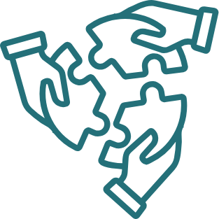 Outline illustration of four hands linking puzzle pieces, symbolizing teamwork and collaboration.