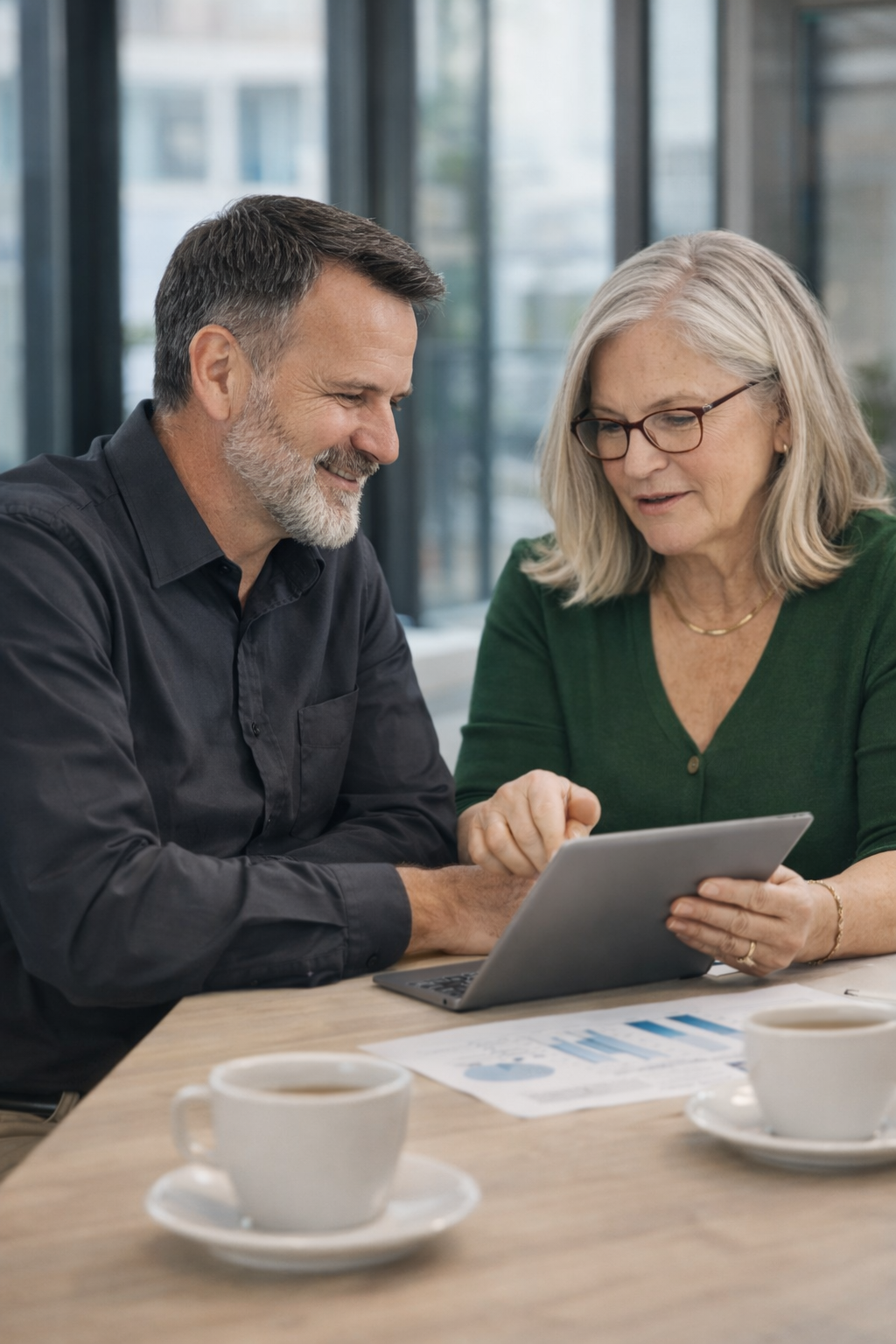 An older man and woman sit at a table looking at a tablet together, with coffee cups and papers on the table, inside a modern glass-walled building