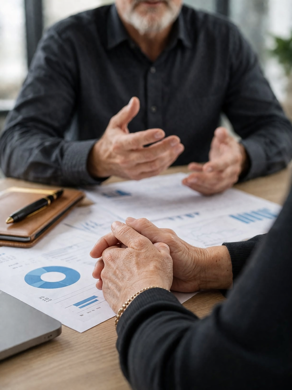 Two people having a business discussion at a table with financial reports and a laptop, with one person gesturing and the other holding their hands together.