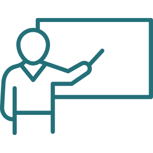 Icon of a person facing a blackboard or screen, pointing with a pointer.