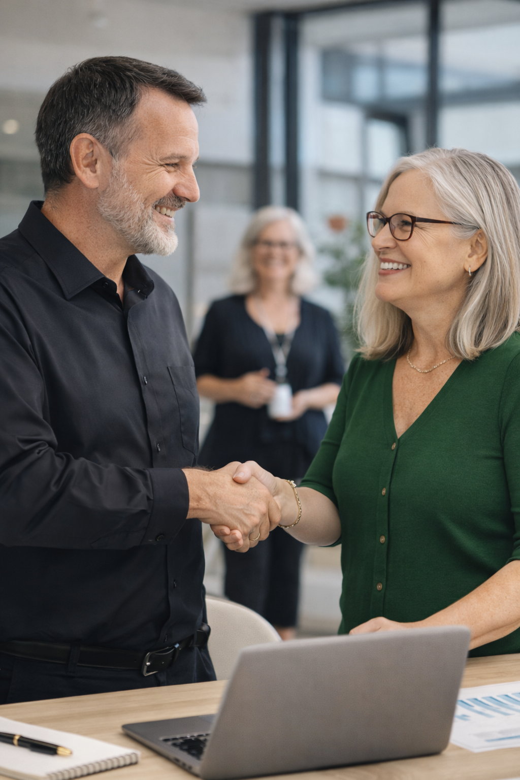 Man and woman shaking hands in a professional setting, with another woman standing in the background.