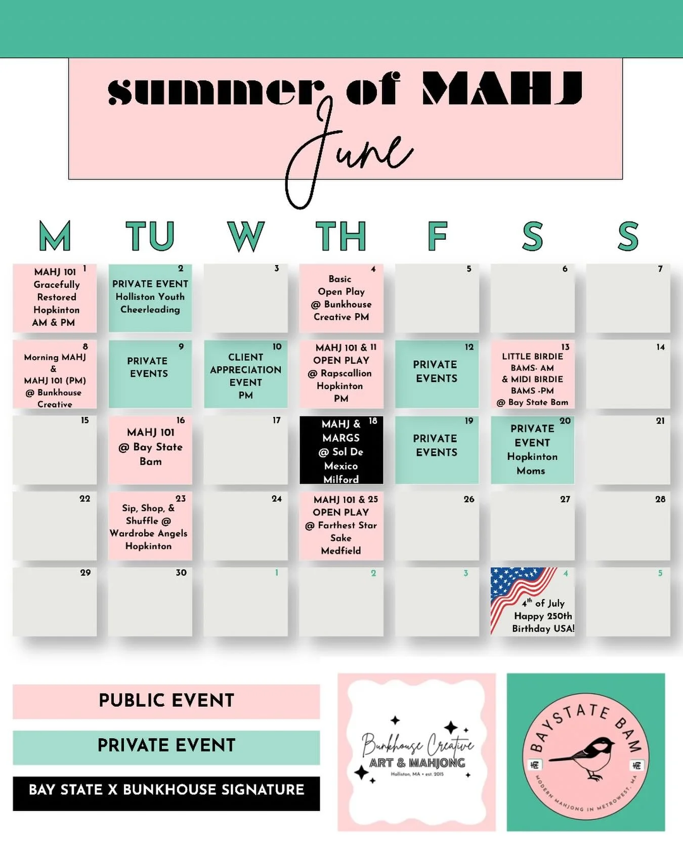 ☀️It&rsquo;s THE SUMMER of MAHJ ☀️

🦩 The Bay State Bam and @bunkhousecreative calendars are BUMPIN&rsquo; with fun opportunities to learn and play Mahj this summer. We can&rsquo;t wait to have you join us at an open play or 101 class. Open play eve