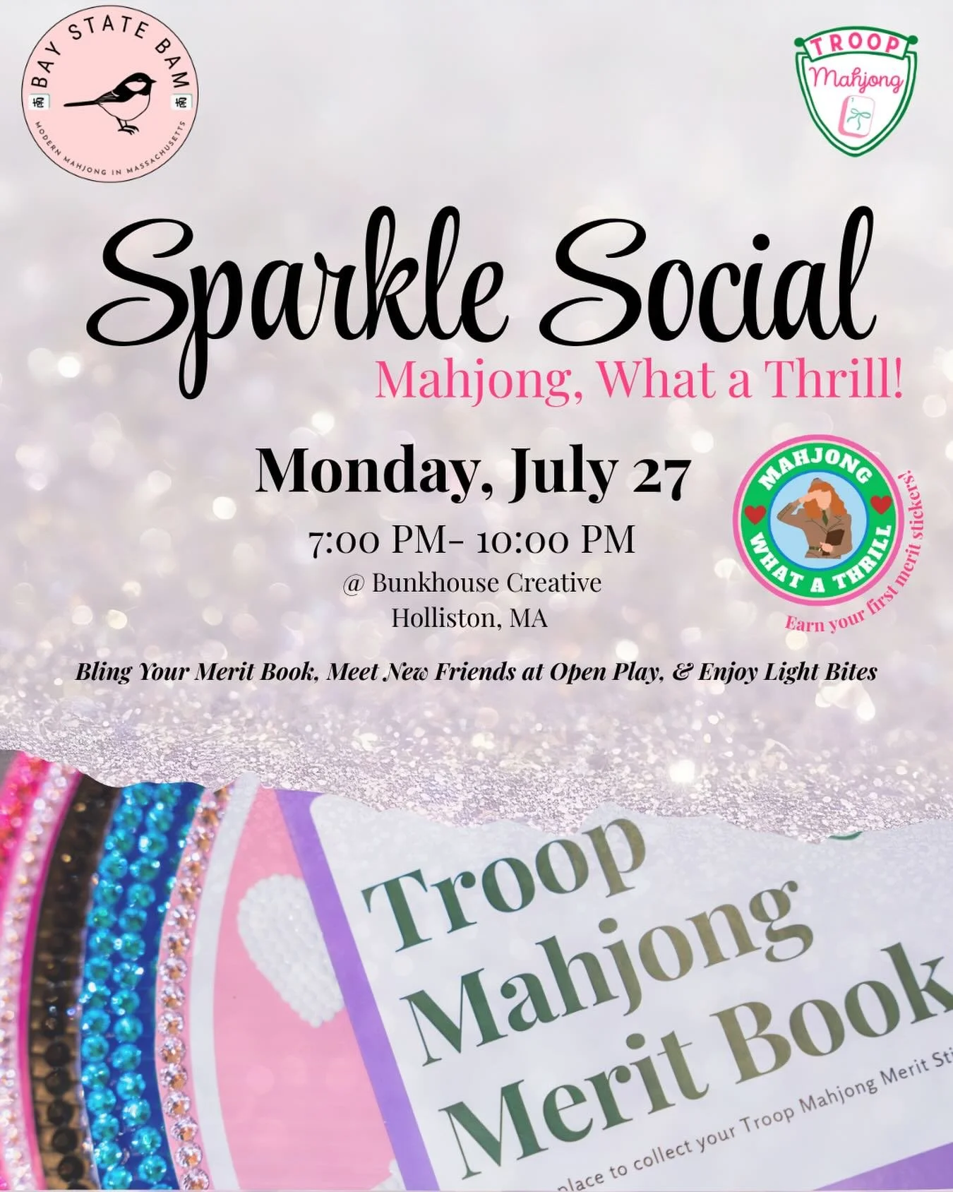 ✨JUST ADDED! ✨

💚💗Join me on JULY 27 for the first TROOP MAHJONG SPARKLE SOCIAL! 🍾

🌟This evening of open play and bling is INCLUDED as a part of participation in the Summer Social League- can&rsquo;t join us for league this summer but interested