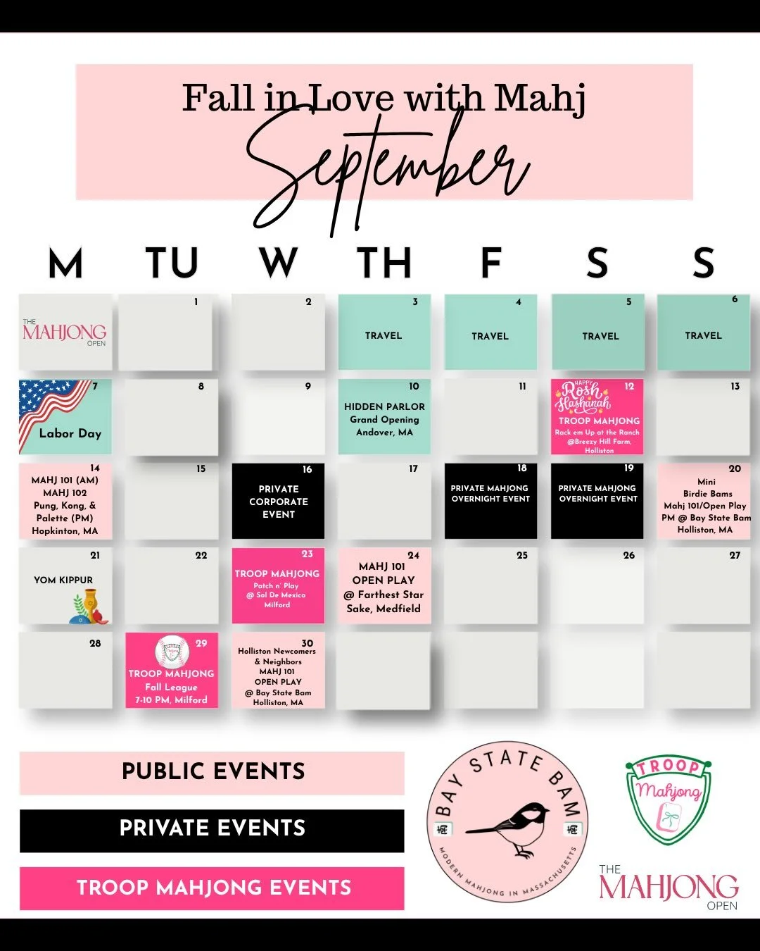 🌟🌟UPDATED DATES🌟🌟

🍁Bay State Bam invites you to Fall in Love with Mahjong this September! 

🍃 From Intro Classes to Open Plays, In Person and Flex Leagues- there are so many FUN ways to get the tiles clicking at the Mahjong Table this Septembe