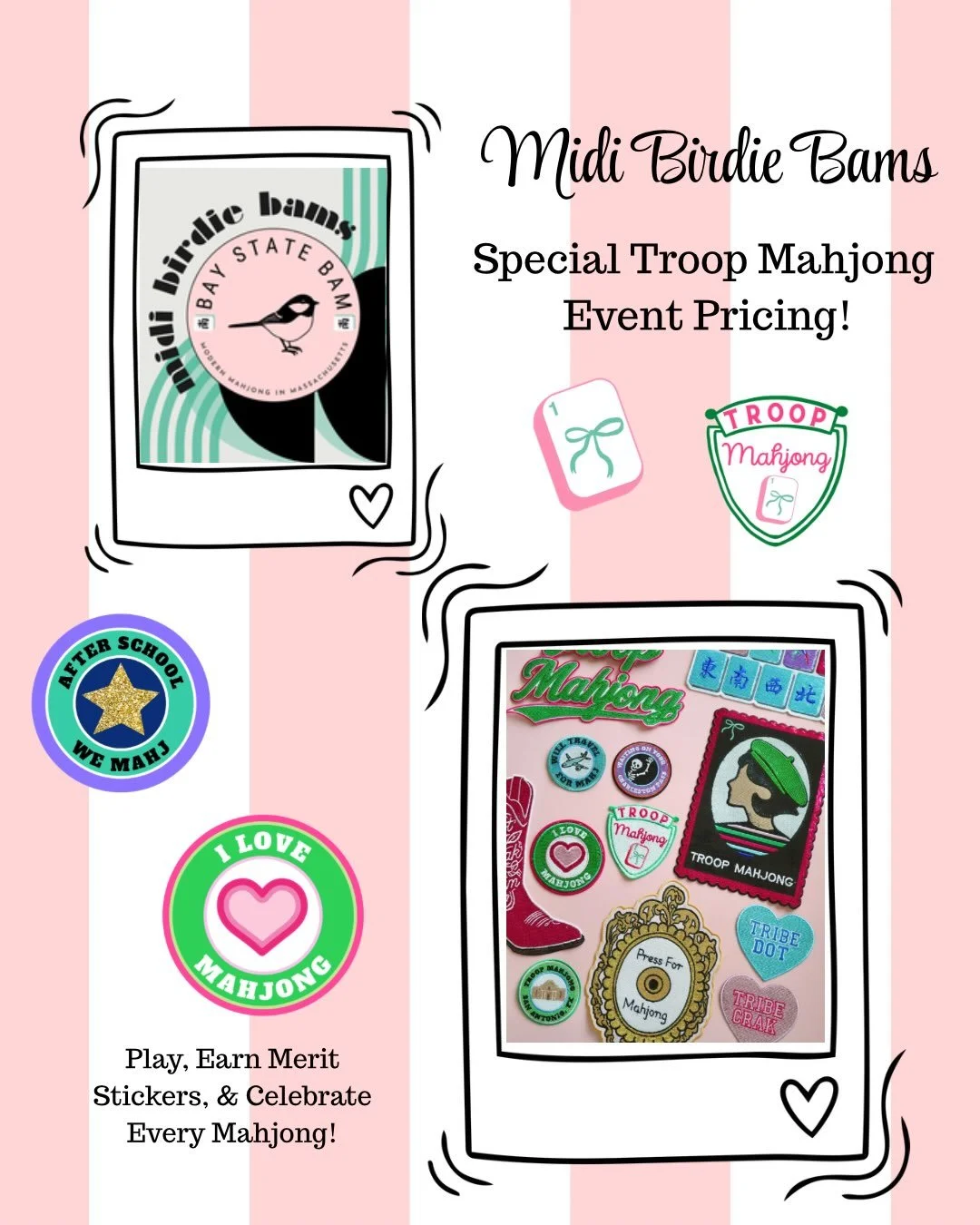 🌟Midis, it&rsquo;s YOUR TURN! 🌟

🩷 The Troop Mahjong family is growing here in Massachusetts with the Midi Mahjers joining the fun! Moving forward all Midis (10+) will be welcome to join in the fun at select Troop Mahjong events and Bay State Bam 