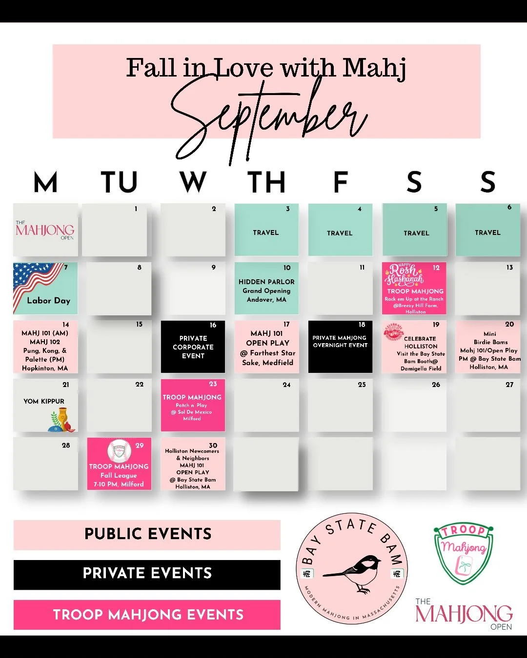 We did it AGAIN: 
🌟🌟UPDATED DATES FOR SEPTEMBER🌟🌟

🍁Bay State Bam invites you to Fall in Love with Mahjong this September! 

🍃 From Intro Classes to Open Plays, In Person and Flex Leagues- there are so many FUN ways to get the tiles clicking at