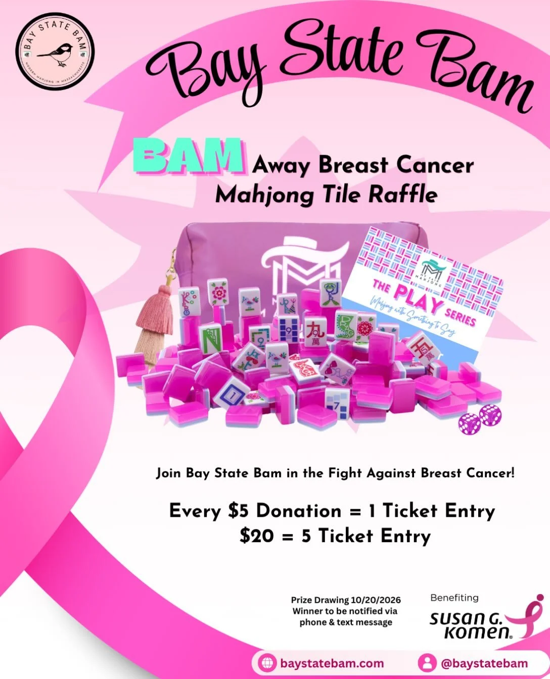 💕🀄️ BAM Away Breast Cancer Mahjong Tile Raffle! 🀄️💕

Join Bay State Bam in supporting @susangkomen ! We&rsquo;re raffling off a gorgeous @myfairmahjong Play Series Petite Tiles set in Cotton Candy Pink ($345 value)! 💖

Every dollar counts in the