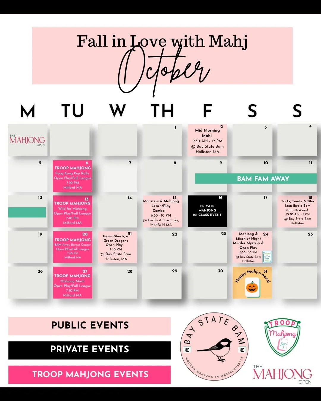☁️ A Nor&rsquo;easter is upon us, so let&rsquo;s think of all the cozy and FUN ways we can Mahj this month! October is a tricky month for the Bam Fam- Mr. Bam is on the road a lot, so we&rsquo;re sticking to the basics here- open play @ Bay State Bam