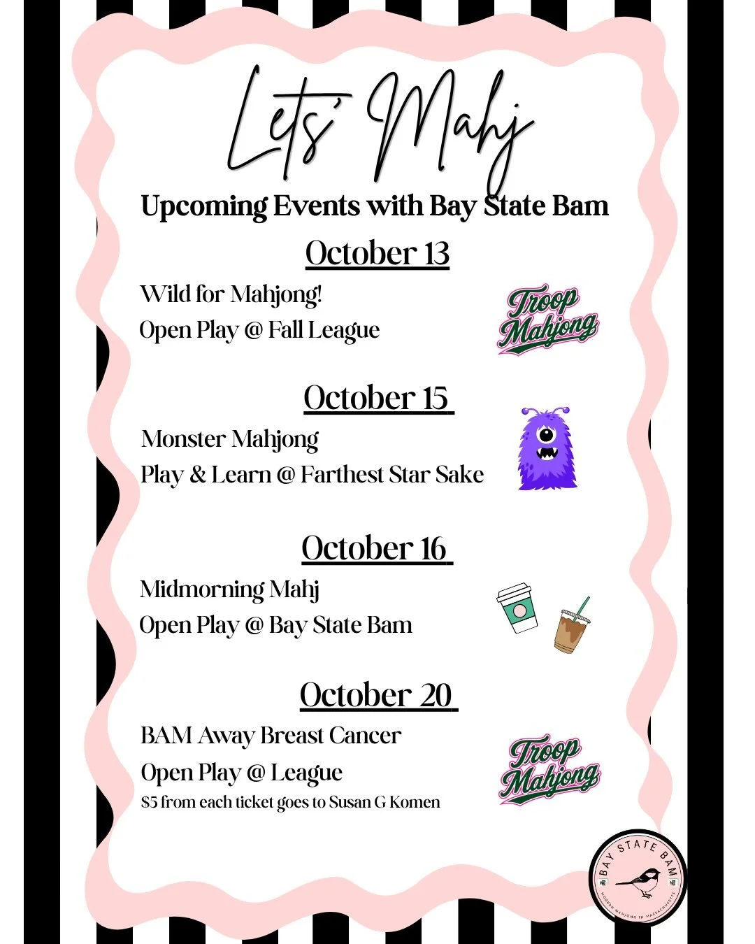 🌟🌟What&rsquo;s coming up for Bay State Bam? 🌟🌟

🖤 Short Answer: A LOT. I&rsquo;m out of town being a bridesmaid (remember that Mahjtastic Bachelorette?) but next week and the rest of this month has PLENTY of opportunities to Mahj! Join me for a 