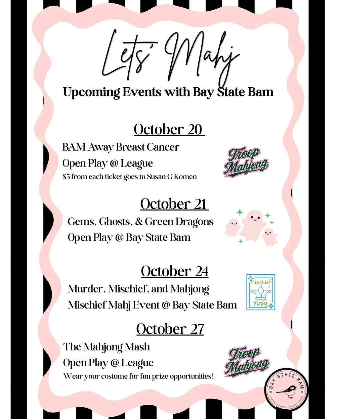 🐦 What&rsquo;s Happening this week for the Birdies?! 

A LOT! 

Tuesday: @troopmahjong League/Open Play benefitting @susangkomen 💕

Wednesday: Gems Ghosts and Green Dragons 🐉 

Saturday: Murder, Mischief, &amp; Mahjong featuring @mischiefmahj 🔎

