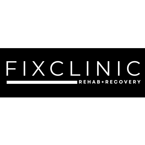 Logo for Fix Clinic Rehab and Recovery on a black background.