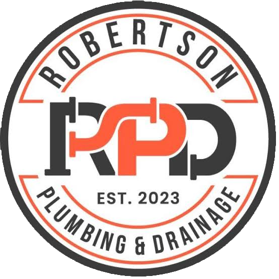 Logo for Robertson Plumbing & Drainage featuring stylized pipes with the letters 'RPD' and the establishment year 2023.