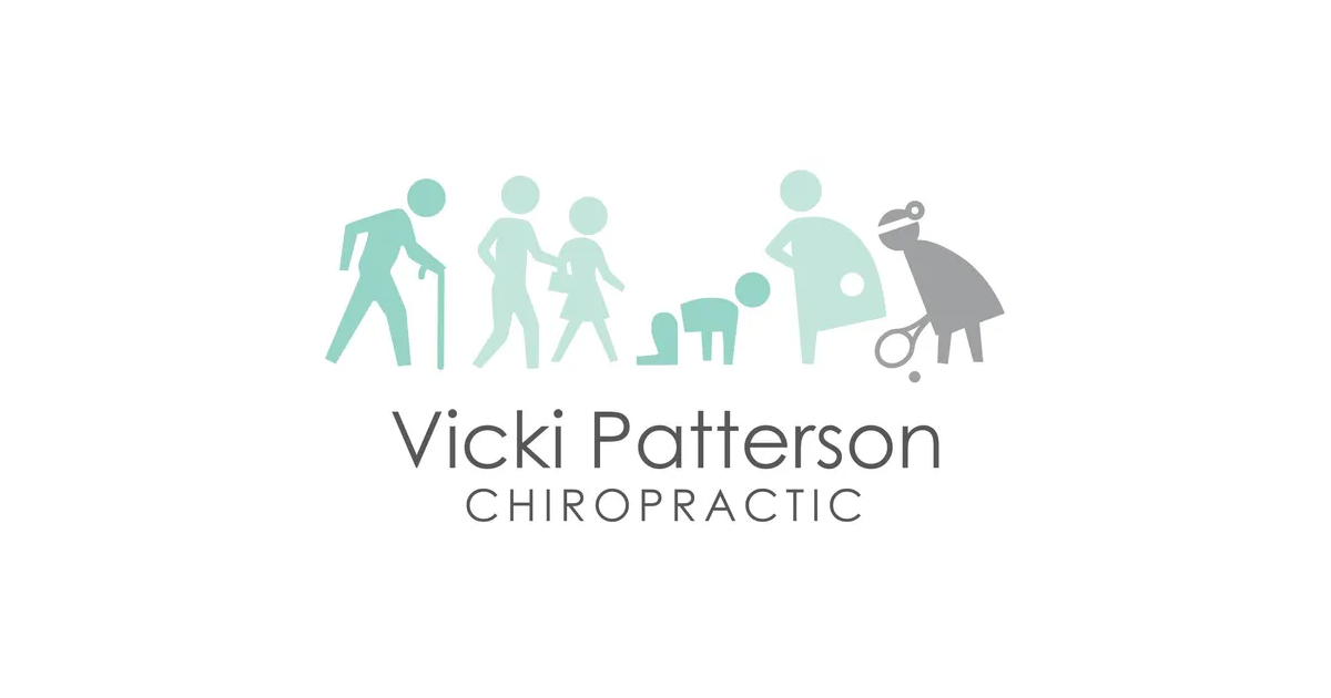 Logo for Vicki Patterson Chiropractic with illustrations of people of different ages and abilities, including walking, a child, a person crawling, a person in a wheelchair, and a person with a cane.