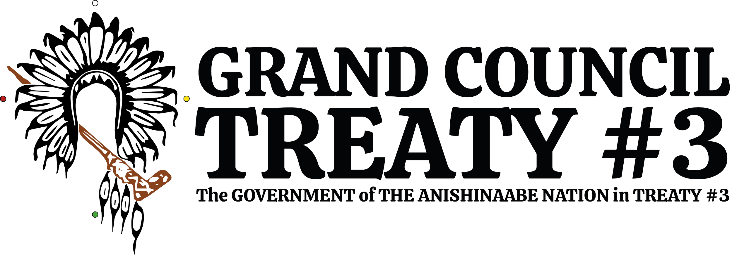 Logo of Grand Council Treaty #3 featuring a stylized eagle feather headdress with a rifle, and text stating 'Grand Council Treaty #3' and 'The Government of the Anishinaabe Nation in Treaty #3'.