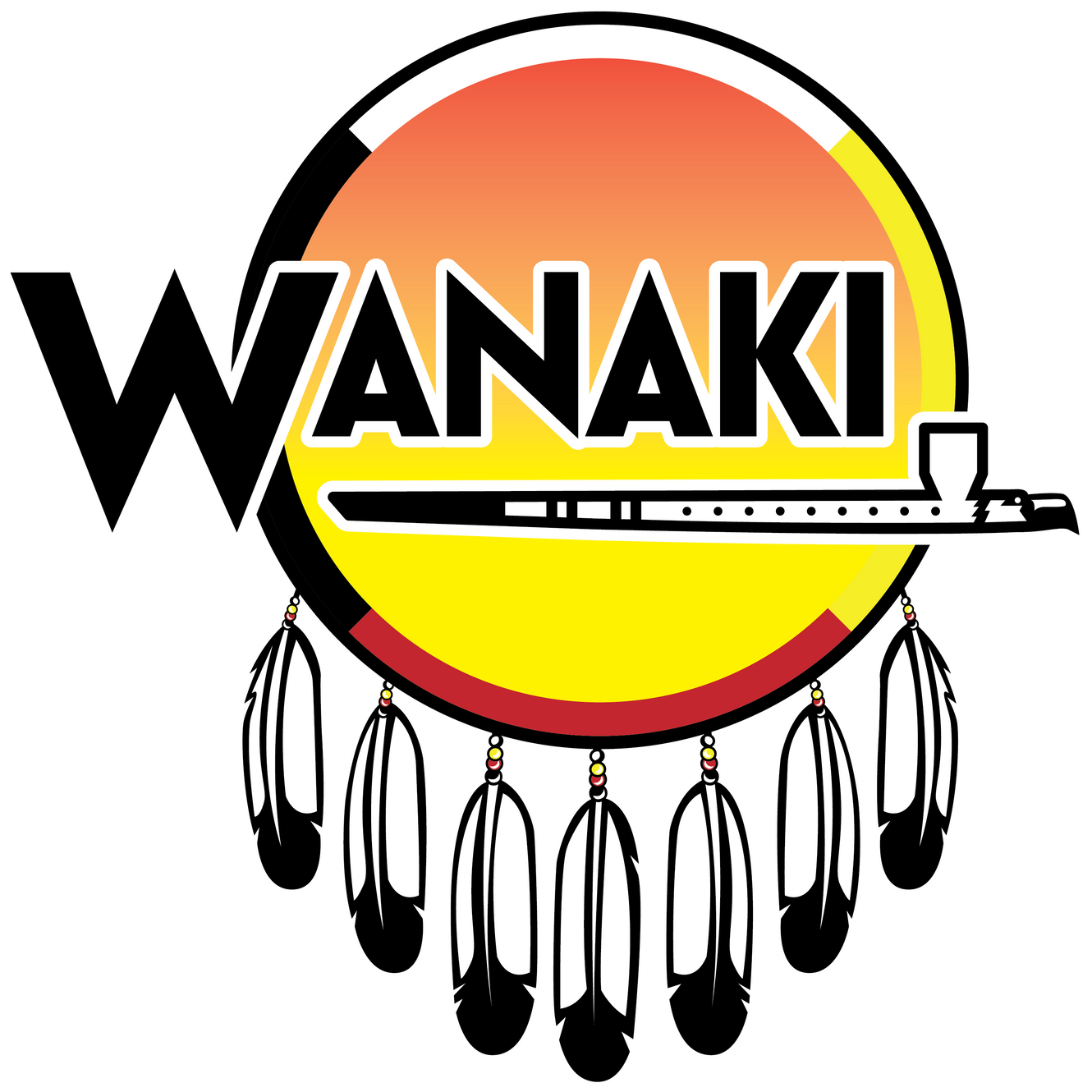 Logo with the word WANAK, a sunrise or sunset background, a manta ray, and hanging feathers.