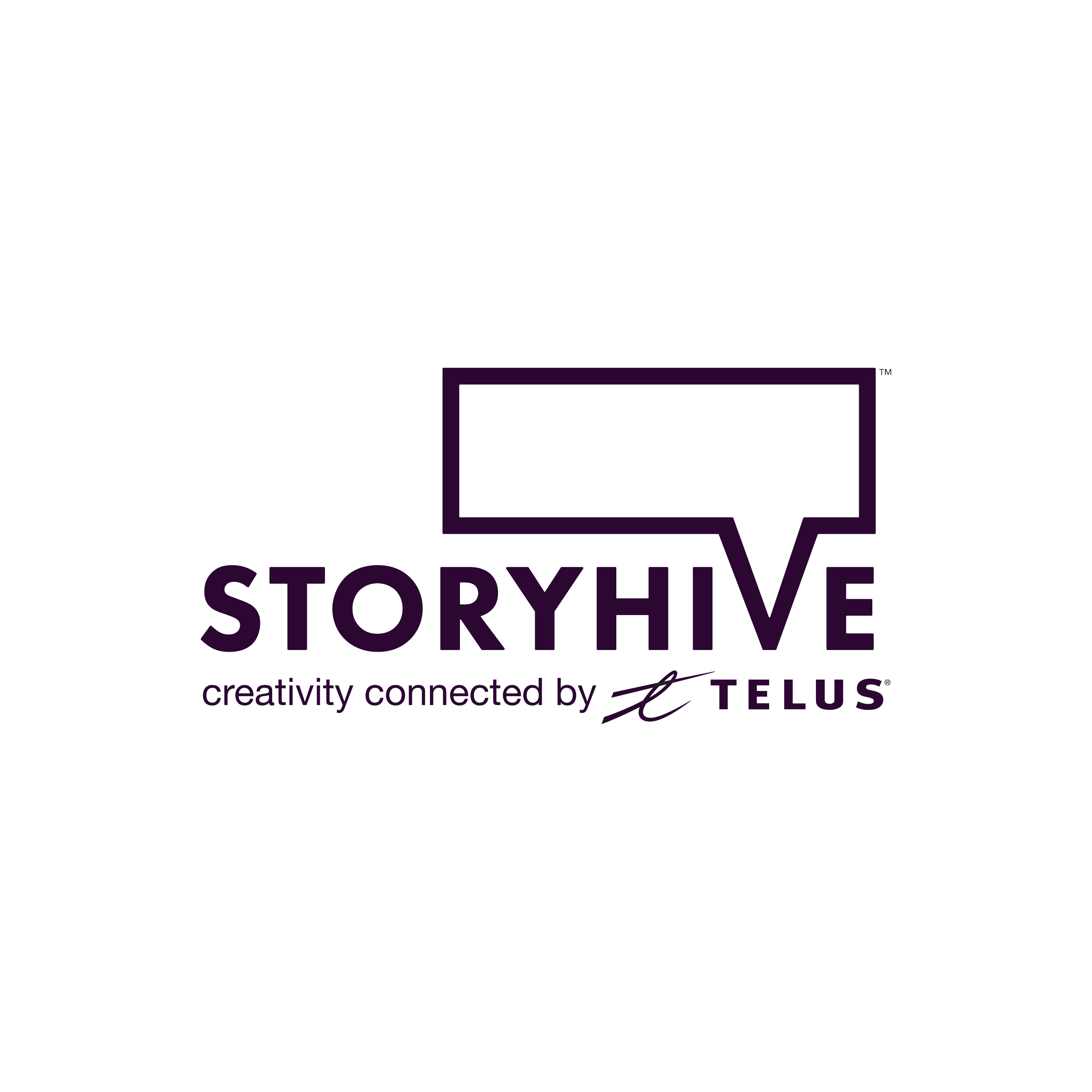 Logo for StoryHive by TELUS, featuring a speech bubble and tagline 'creativity connected by'.
