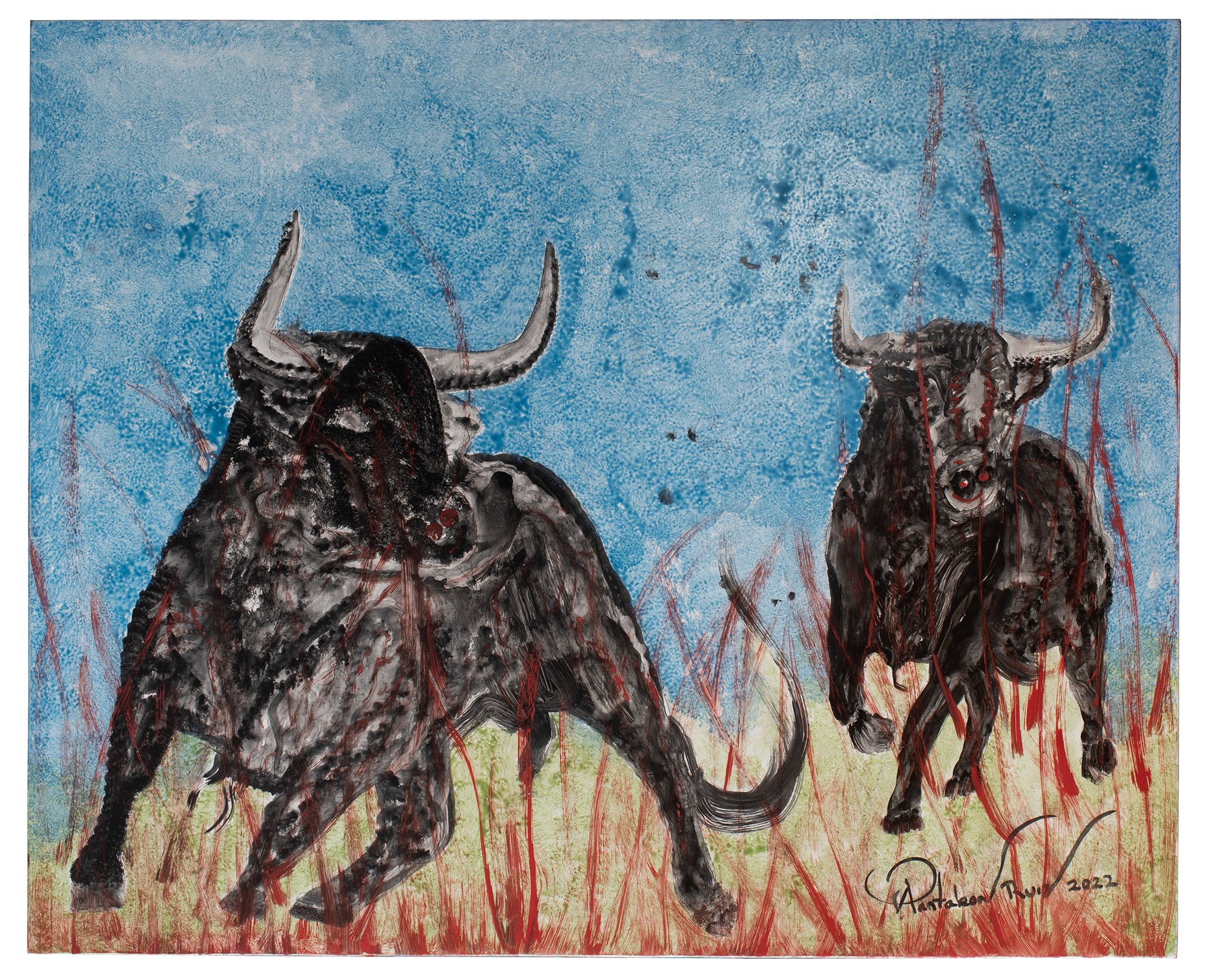 La bravura de mis toros  /

Temple y pigmentos sobre grafito sobre media creta sobre lino, bastidor madera de cedro y aluminio   /
122 x 150 cm /
2022