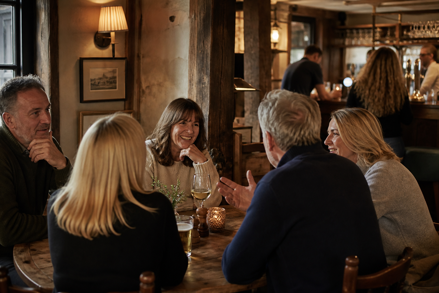 A welcoming community pub with traditional stone walls and outdoor seating