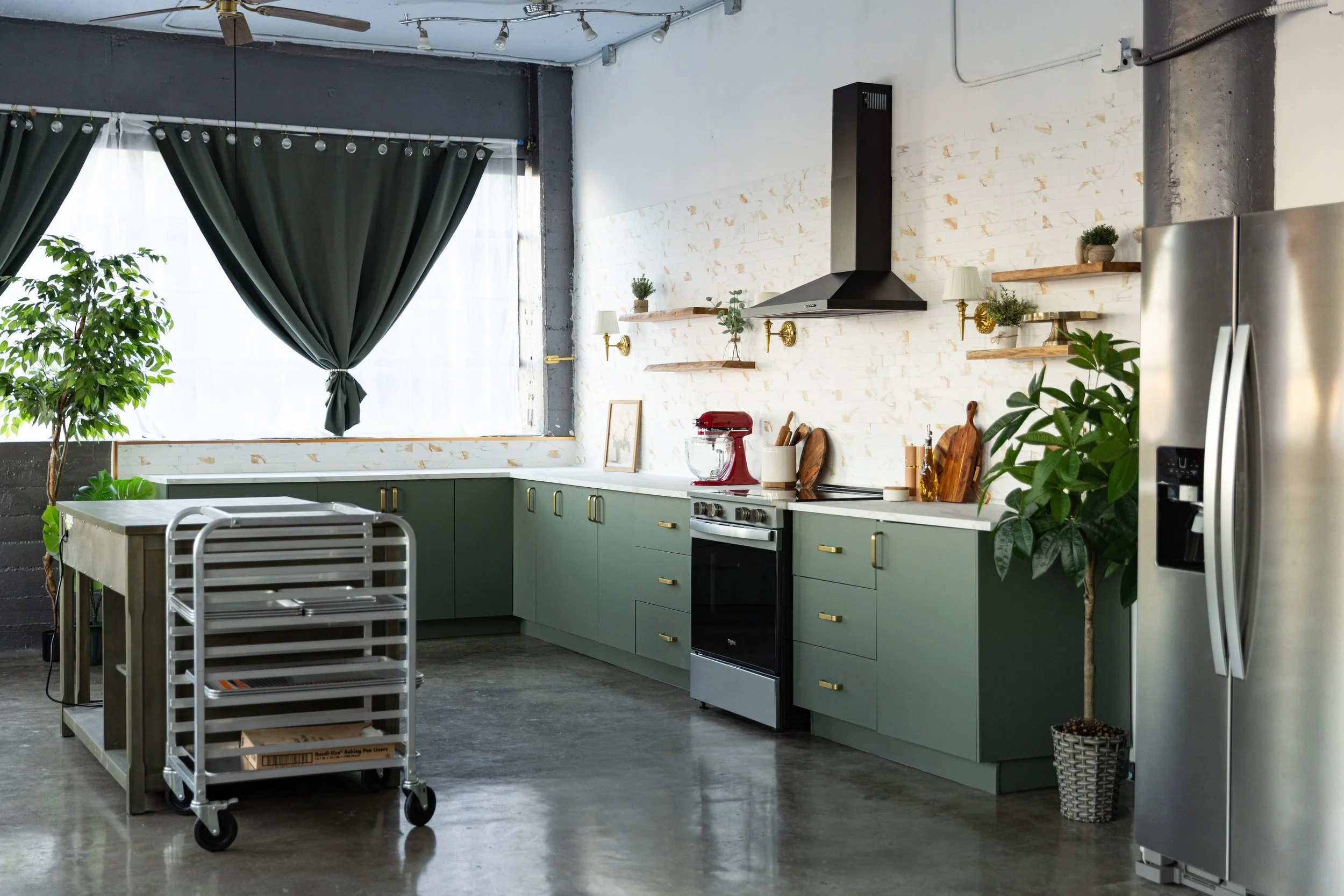Kitchen space with large window in the background from Los Angeles food photography studio.