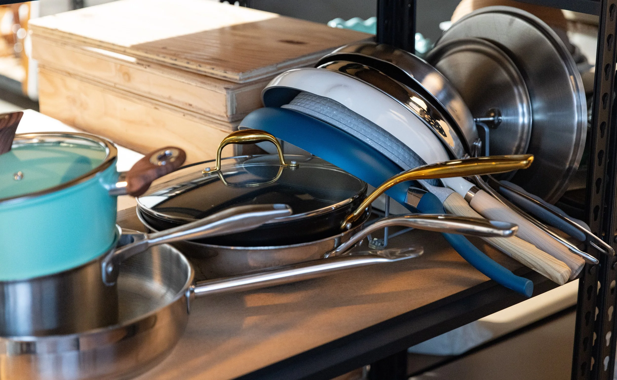 Pots and pans available for use in Los Angeles food photography studio.