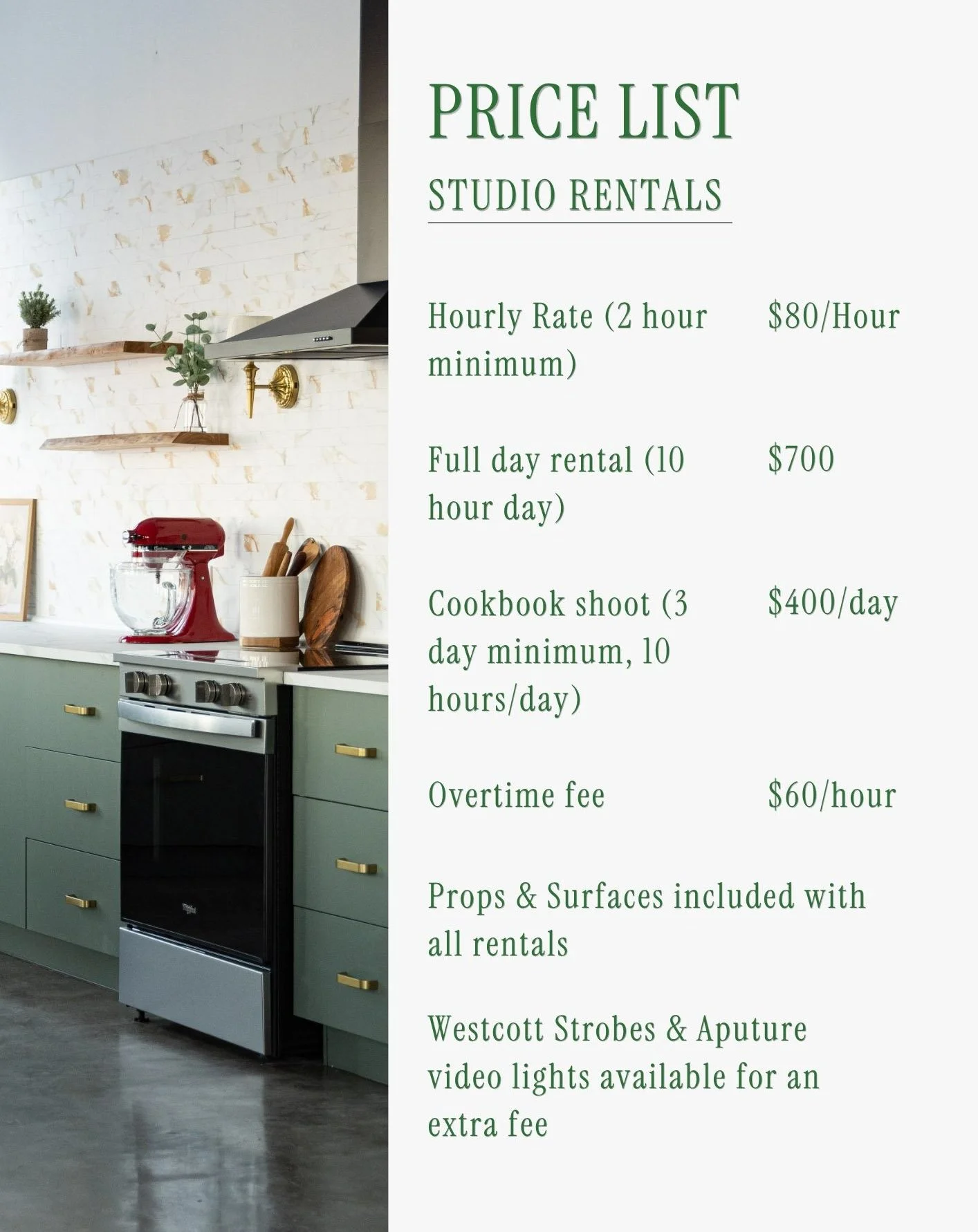 Los Angeles food photography studio rental price list with a photo of the kitchen space on the left.