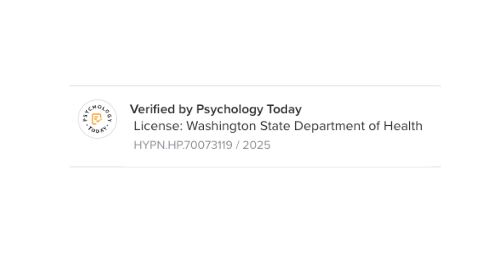 Verified by Psychology Today badge with license information from the Washington State Department of Health.