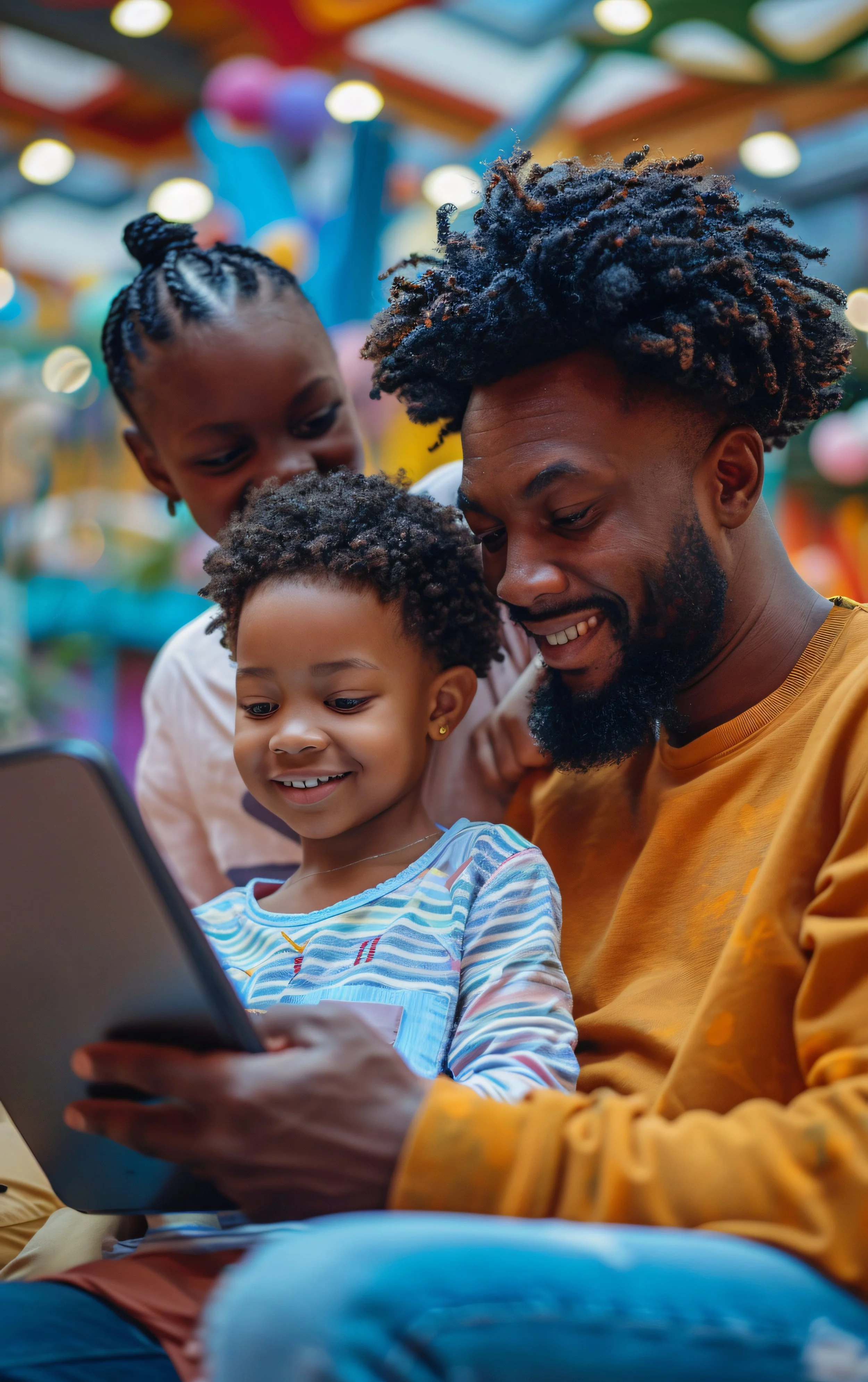A man and two young children are happily talking to someone on a tablet together in a colorful indoor amusement park or carnival setting.