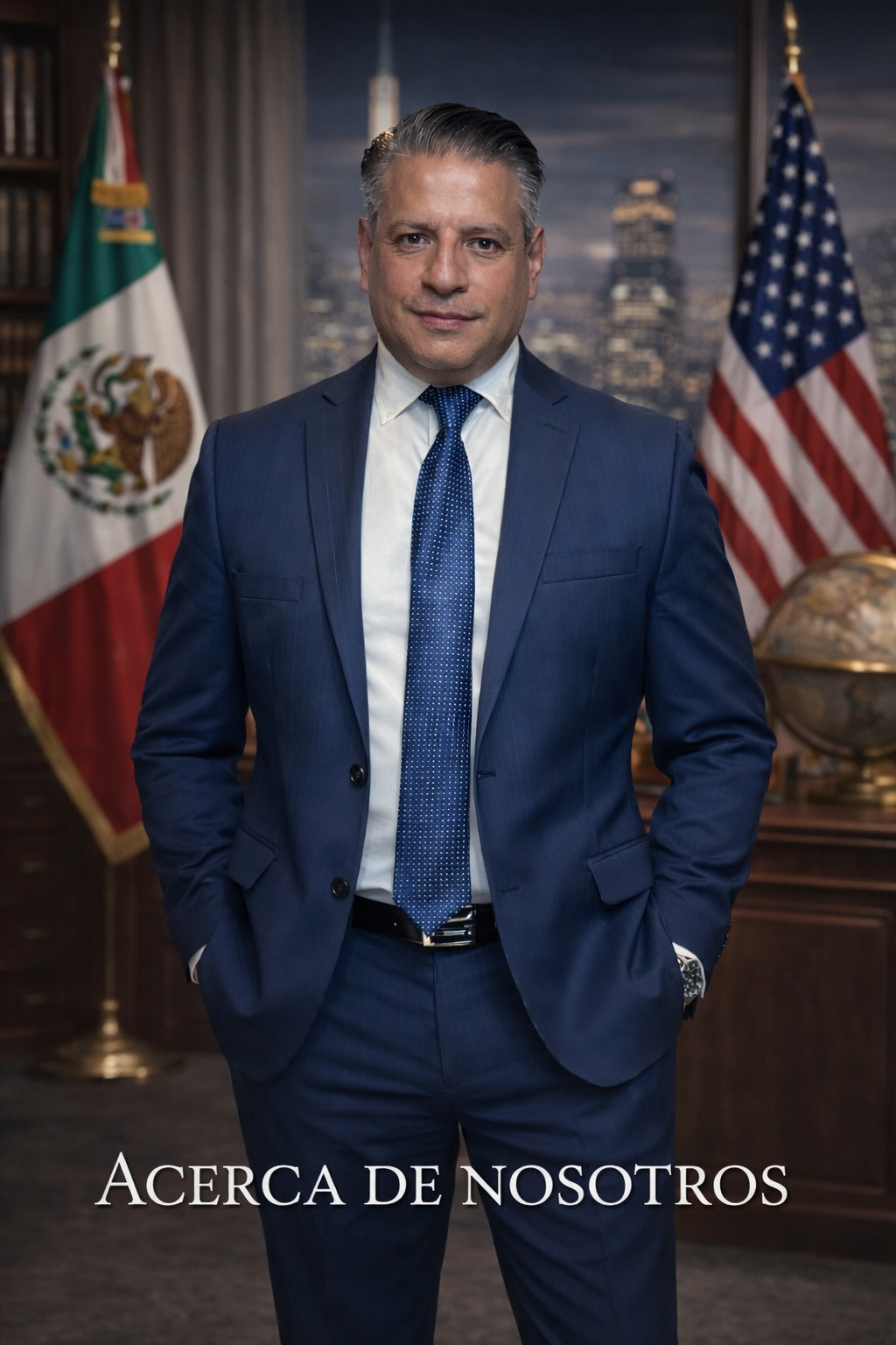 Hombre vestido con traje azul, camisa blanca y corbata, posando en una oficina con banderas de México y EE. UU. al fondo.