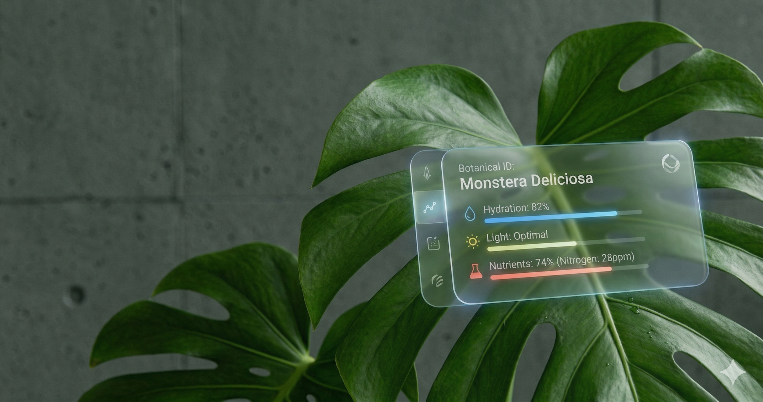 Digital growth monitor overlay on a Monstera deliciosa plant showing hydration at 82%, optimal light, and 74% nitrogen nutrients.