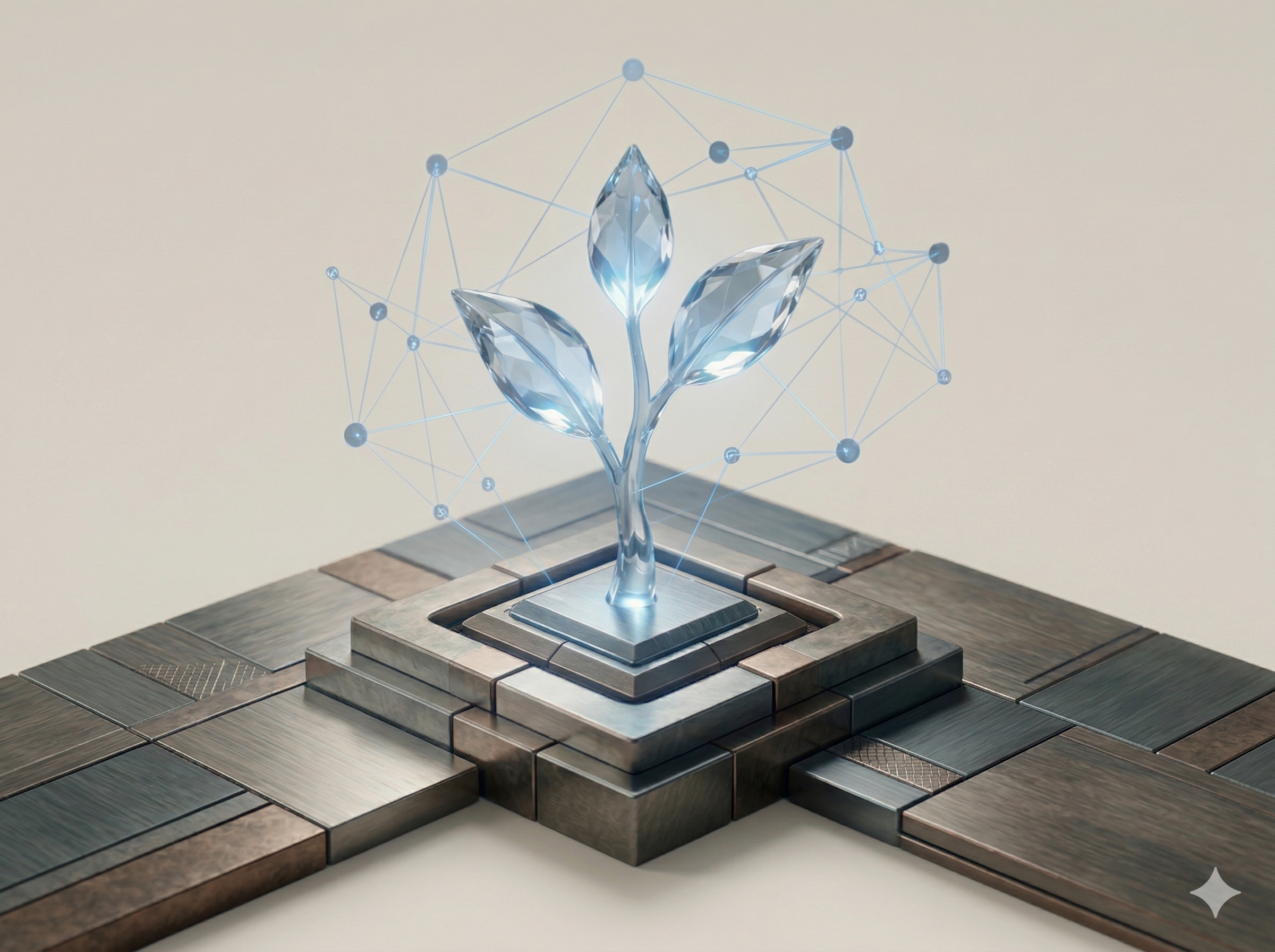A crystal-like sculpture of a blooming flower on a wooden platform with digital network graphics in the background.