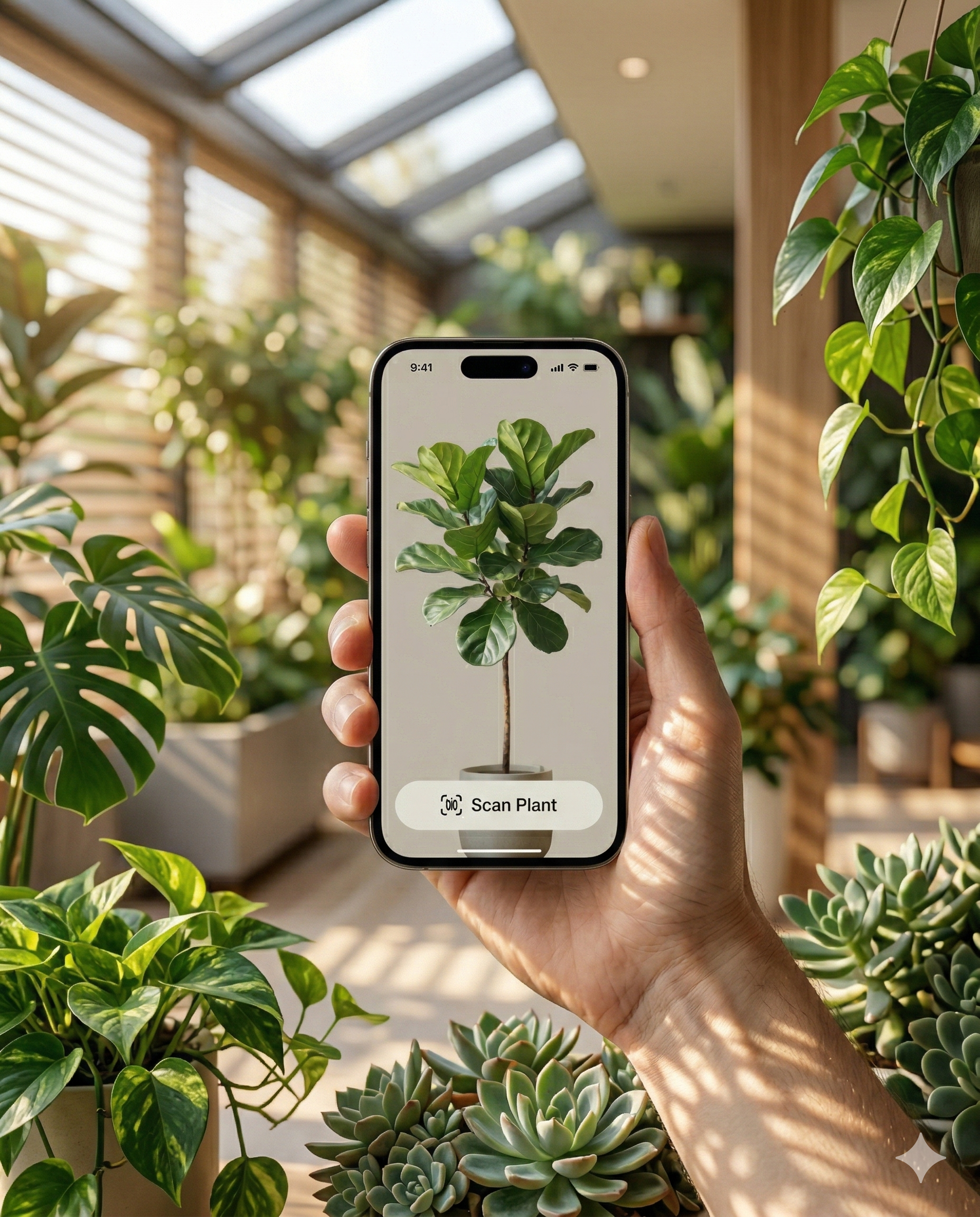 Person taking a photo of a potted plant with a smartphone inside a greenhouse filled with various lush green plants.
