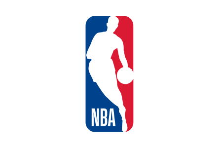 NBA logo featuring a silhouette of a basketball player dribbling, in red, white, and blue colors.