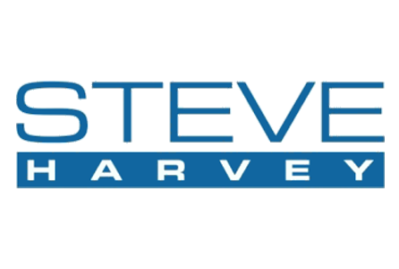 Text graphic with the words 'STEVE HARVEY' in stylized, colorful letters.