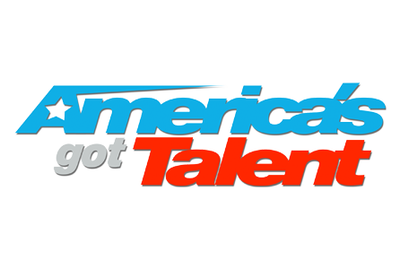 Logo for 'America's Got Talent' with text in blue, gray, red, and white.