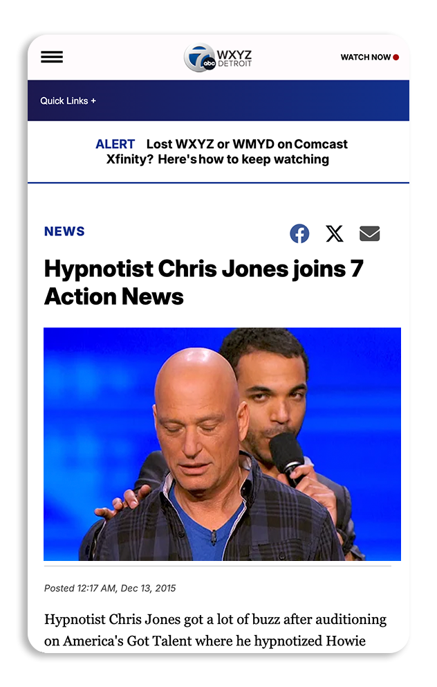 Screenshot of the WXYZ Detroit news website showing a story about hypnotist Chris Jones joining 7 Action News, with a photo of Chris Jones and another man on stage.