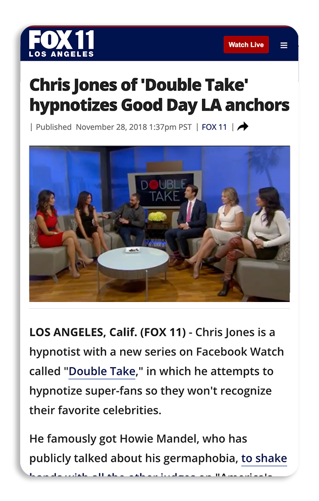 Screenshot of a Fox 11 news article about Chris Jones hosting a Facebook Watch series called "Double Take" with celebrities.