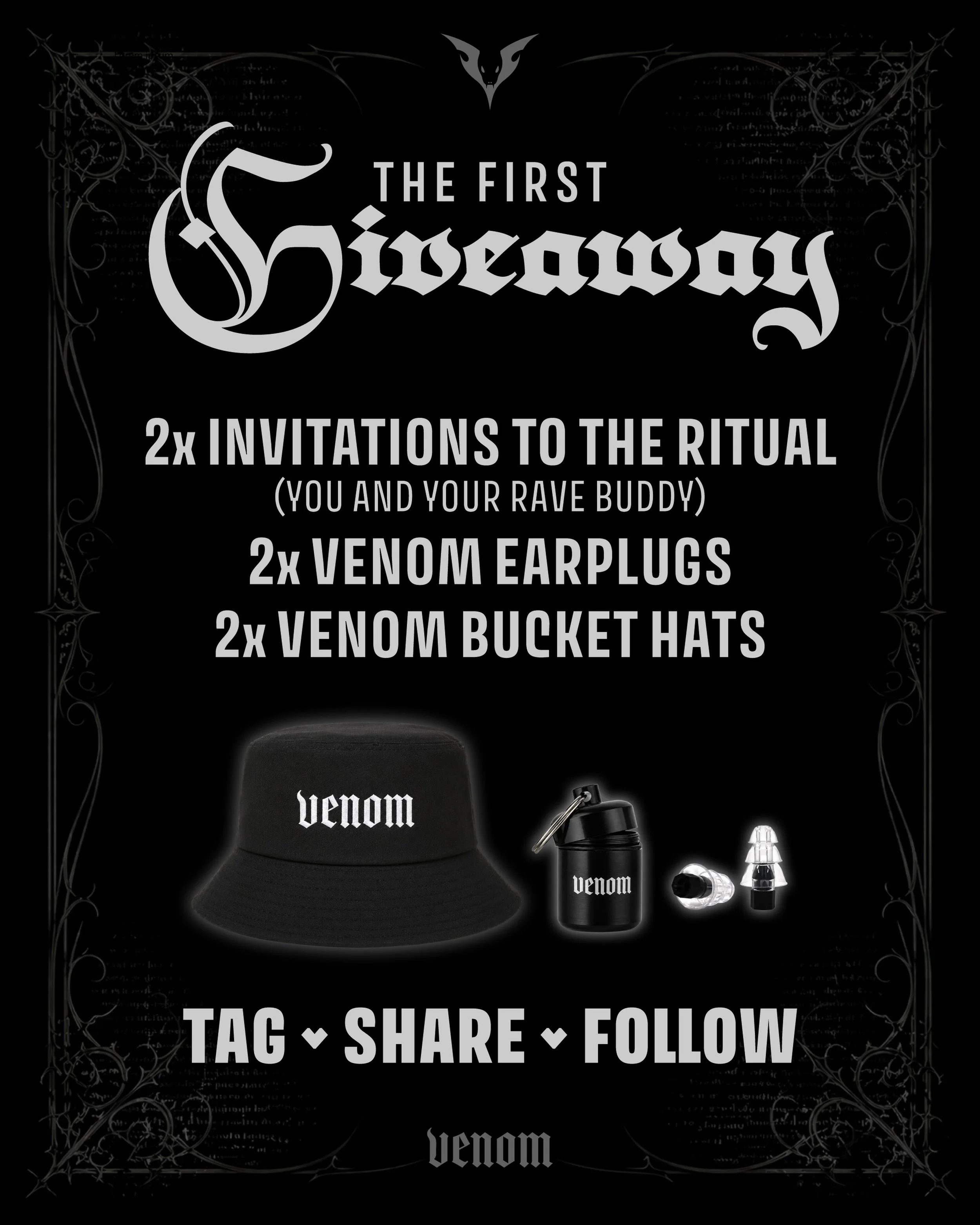 Want to be a part of The Ritual? 

𝗪𝗜𝗡 2x Invitations to 𝑻𝒉𝒆 𝑹𝒊𝒕𝒖𝒂𝒍 
(you + your rave buddy) 
2x Venom earplug sets 
2x Venom bucket hats 

𝗧𝗢 𝗘𝗡𝗧𝗘𝗥 
Follow @venomevents.nz 
Tag your rave buddy in the comments 
1 comment = 1 entry 