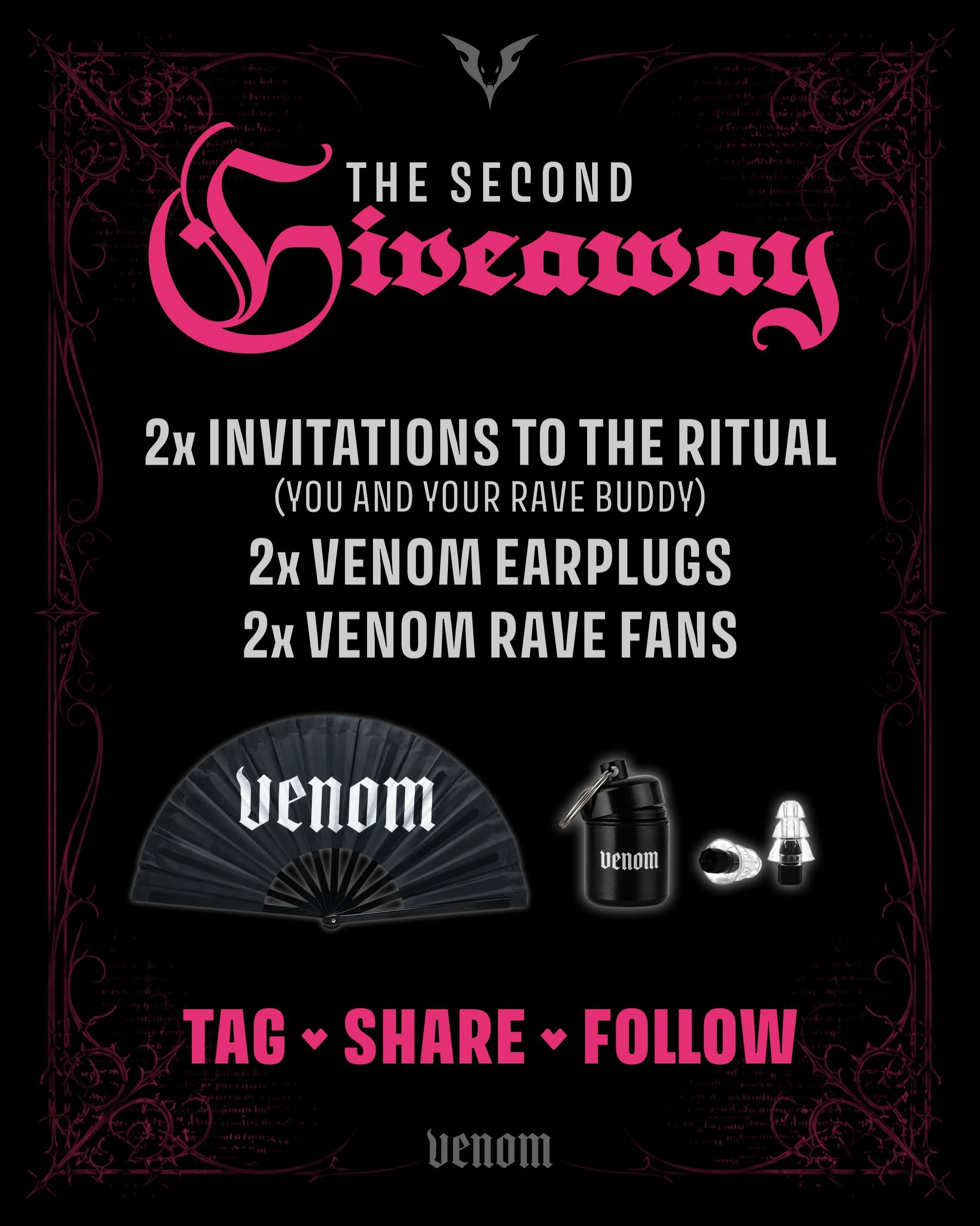 Another chance to win ✨

𝗪𝗜𝗡 2x Invitations to 𝑻𝒉𝒆 𝑹𝒊𝒕𝒖𝒂𝒍
(you + your rave buddy) 2x Venom clack fans 2x Venom earplug sets

𝗧𝗢 𝗘𝗡𝗧𝗘𝗥 Follow @venomevents.nz Tag your rave buddy in the comments 1 comment = 1 entry (multiple tags in 
