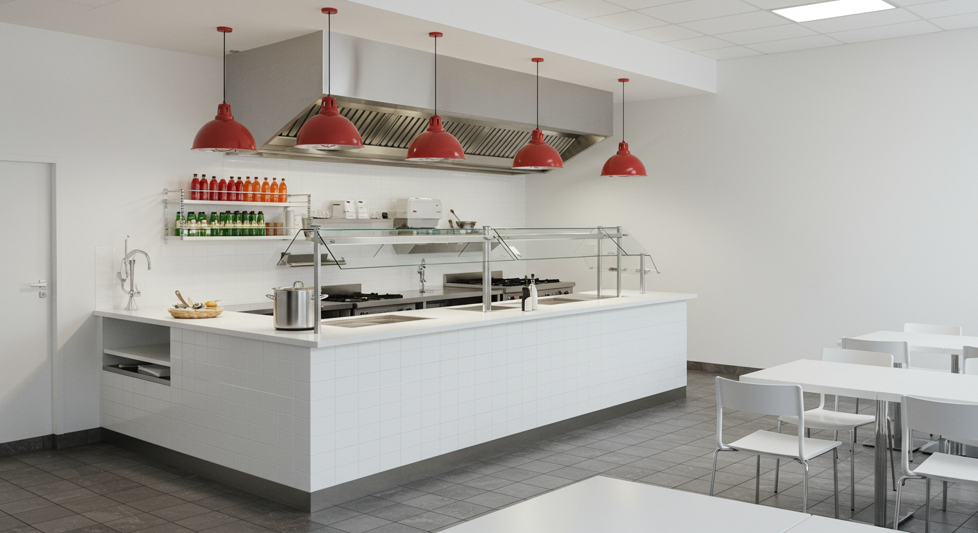 Empty modern kitchen with white counters, red pendant lights, and white tables and chairs, no people present.